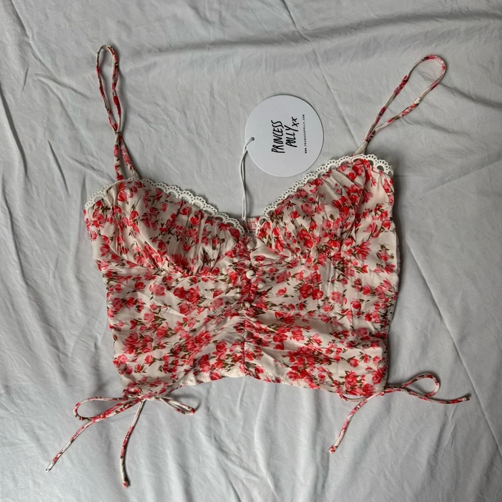 Princess Polly Cream Floral Ruched Cropped Cami with Red Pink Flowers - Picture 2 of 5